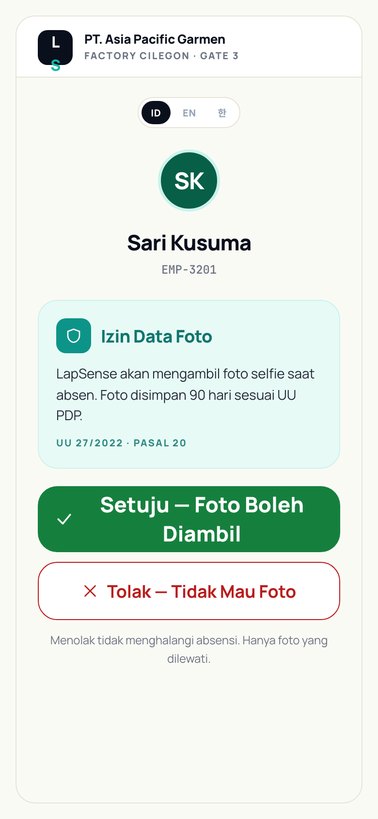 Indonesian PDP-law consent screen shown to workers on their first attendance tap